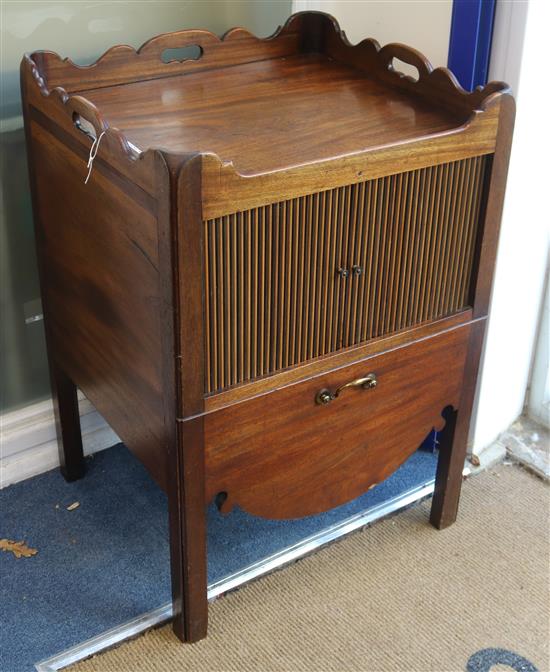 A mahogany tray-top commode with tambour shutters W.58cm